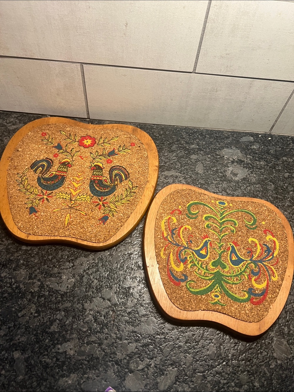 Vintage Set of 2 Decorative Cork Trivets Folk Art. Pennsylvania Dutch
